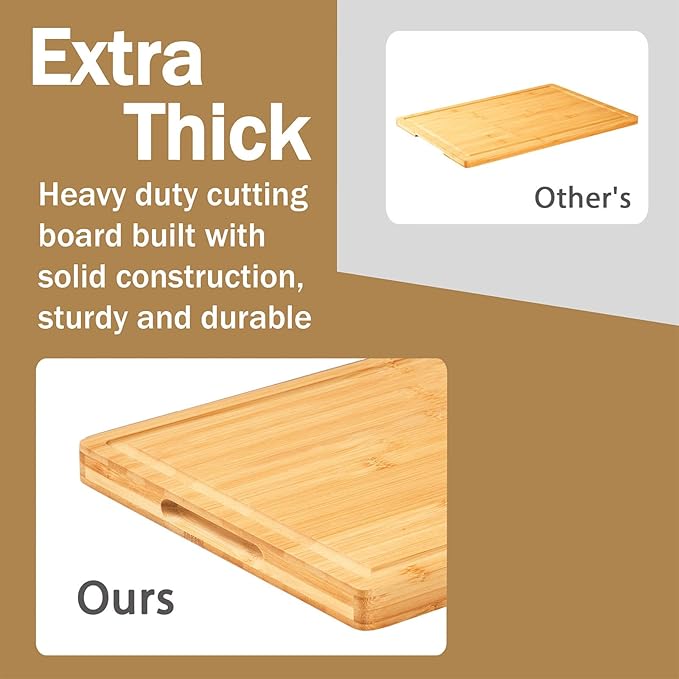 Bamboo Wood Cutting Boards for Kitchen, 1" Thick Charcuterie Boards, Butcher Block with Juice Grooves & Handles
