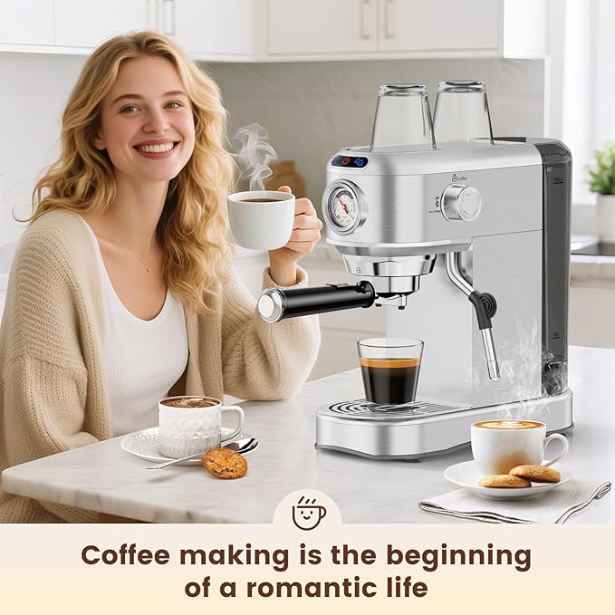 Espresso Machine 20 Bar, Compact Espresso Maker, Stainless Steel Expresso Coffee Machines with Steam Milk Frother & 34oz Removable Water Tank for Cappuccino, Latte, Home Office Use, Silver