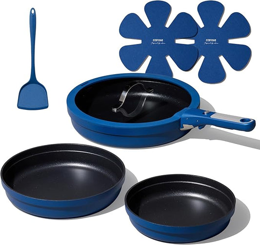 CAROTE 8Pcs Non Stick Frying Pans Set 3 Sizes(8,10,12 Inch), Kitchen Nonstick Skillets with Detachable Handle, Cooking Pan with lid, Oven Safe, Induction Cookware, Stackable Kitchen Set, Blue