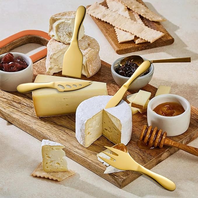 Gold Butter Knives Set 7 Pieces Stainless Steel Kitchen Utensils Gadgets includeButter Knife,Cheese Spreader,Cheese Forks, Cheese Slicer,Cheese Cutter,Cheese Knife,