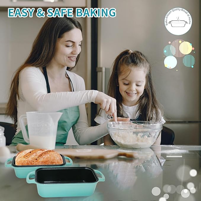 Blisswave Cast Iron Bread Pan with Lid - 2-in-1 Dual Set, Includes 2 Bread Mats - Bread Baking Pan for Homemade Bread, Cakes, Patties - Even Heating - 2-Piece Set (Lake Blue)