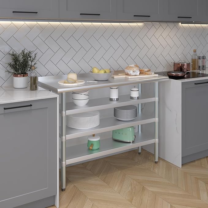 AmGood Stainless Steel Work Table with 1.5" Backsplash and 3 Shelves | Metal Kitchen Food Prep Table | NSF (48" Long x 18" Deep)