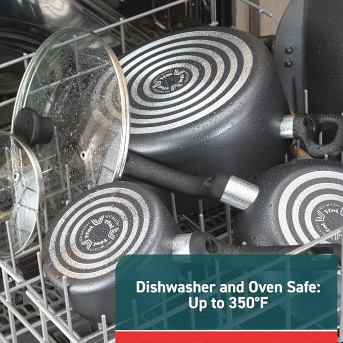 T-fal Initiatives Nonstick Cookware Set 6 Piece Oven Safe 350F Cookware, Pots and Pans, Oven, Broil, Dishwasher Safe Gray