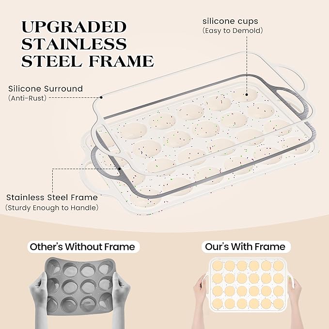 1 Pc Mini Muffin Pans with Metal Reinforced Frame, 24 Cups Nonstick Silicone Cupcake Tray for Baking, Food Grade Small Muffin Molds with Handles (Cream)