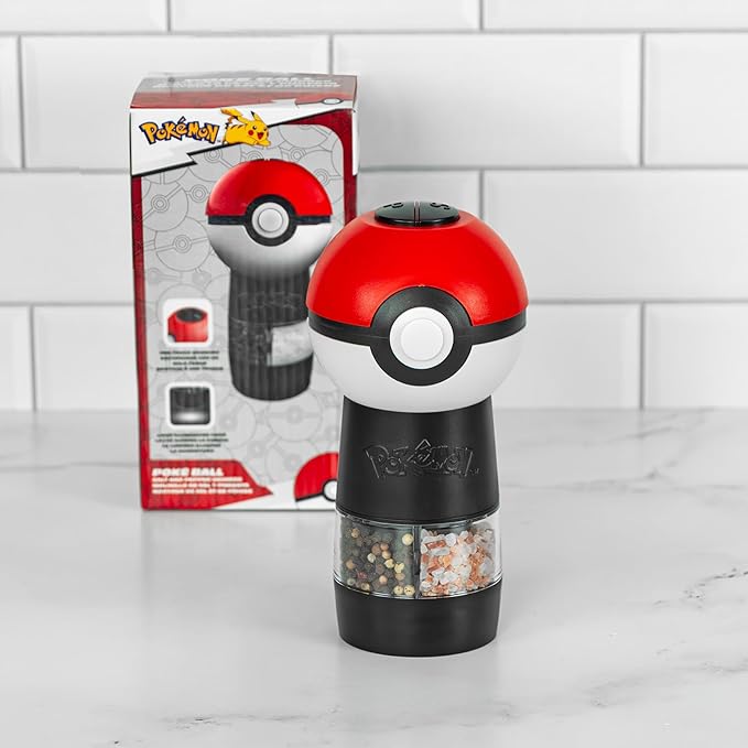 Uncanny Brands Pokémon Poké Ball Salt and Pepper Grinder – Dual Chamber Electric Mill with Adjustable Coarseness and LED Light – Battery Powered