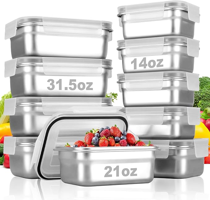 10 PC Square 304 Stainless Steel Food Containers with Lids, Airtight Bento Lunch Box, Metal Meal Prep Food Containers Reusable Stackable | Nestable Oven/Dishwsher/Freezer Safe