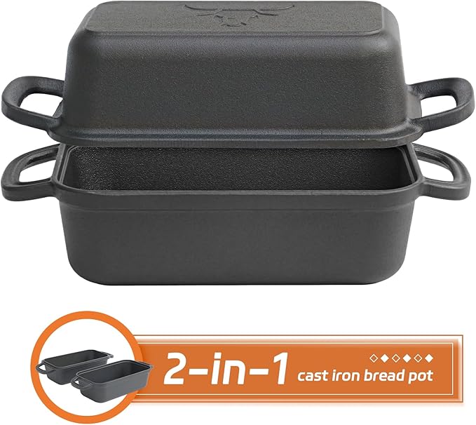 Cast Iron Bread Pan with Lid, Cast Iron Bread Loaf Pan with 2 Silicone Bread Mats, Sourdough Loaf Pan with Lid, Heavy Duty Loaf Pans for Oven Baking Bread, Bread Pans for Homemade Bread(Black)