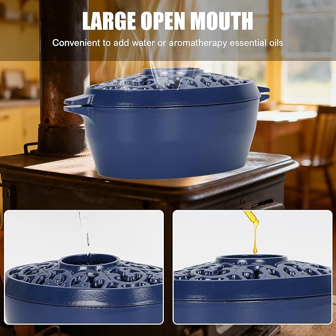 Wood Stove Steamer Humidifier, 2.5 Quart Cast Iron Pot with Porcelain Enamel Coating & Lattice Top, Rust Resistant, Decorative Humidifier for Fireplace, Home Indoor Use (Blue)