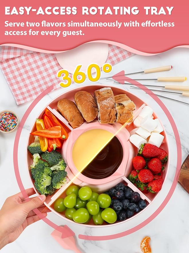 Chocolate Fondue Pot Set Electric Melting Machine, 4-Cup Capacity 4 Trays 5 Forks 1 Spatula Cheese Warmer, Ideal Gift for Couple Family & Date Night Idea House Warming Holidays Essentials