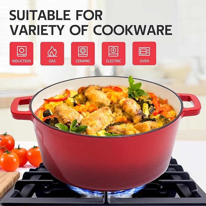 2 in 1 Enameled Cast Iron Dutch Oven Pot 6QT with 2QT Lid - Big Dual Handles - Oven Safe up to 500°F - Classic Round Pot for Versatile Cooking Red