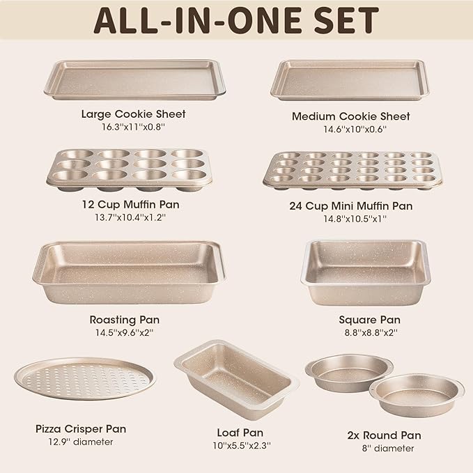 10-Piece Baking Pans Set, Bakeware Sets Nonstick, Baking Set for Oven Cooking, Stackable Carbon Steel Pans Include Cookie Sheets, Muffin Pan, Cake Pan, Pizza Pan, Loaf Pan, Roasting Pan, Gold