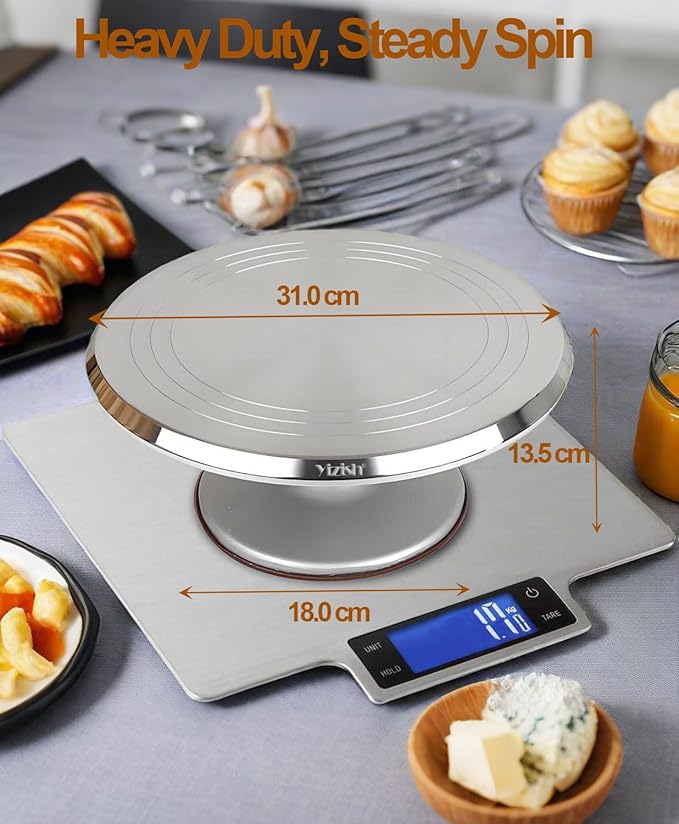 Yizish Cake Turntable Aluminum Alloy, 12 Inch Rotating Cake Stand Decorating Kits with Stainless Steel Icing Spatula (2pcs) and Icing Smoother (3pcs) for Baking, Pastries and Cupcakes
