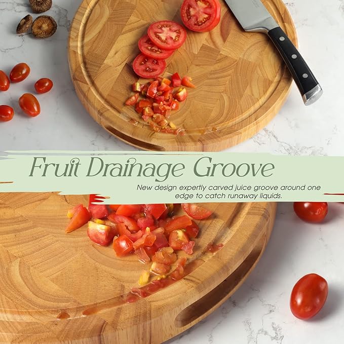 Extra Large & Thick Wood Cutting Board 13 x 13 x1.5 Inch, End Grain Built-In Compartment and Juice Canal, Heavy Duty Chopping Board, Thick Carving Board for Bread Fruits (Round: 13 x 13 x 1.5 inch)