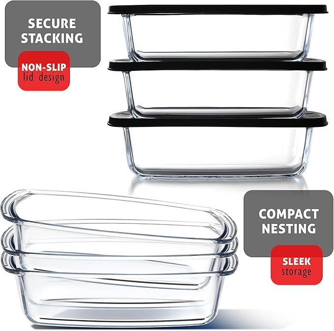 Nestl Set of 6 Glass Bread Loaf Pans for Baking Bread Glass Food Storage Containers with Lids, Glass Baking Dishes for Oven, Pound Cake Pan 1.9 Quart