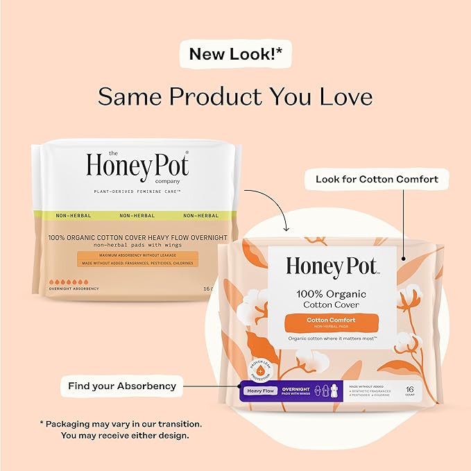 The Honey Pot Company - 64ct - Sanitary Pads for Women - Non-Herbal Heavy Overnight w/Wings - Organic Cotton Cover & Ultra-Absorbent Pulp Core - Feminine Care