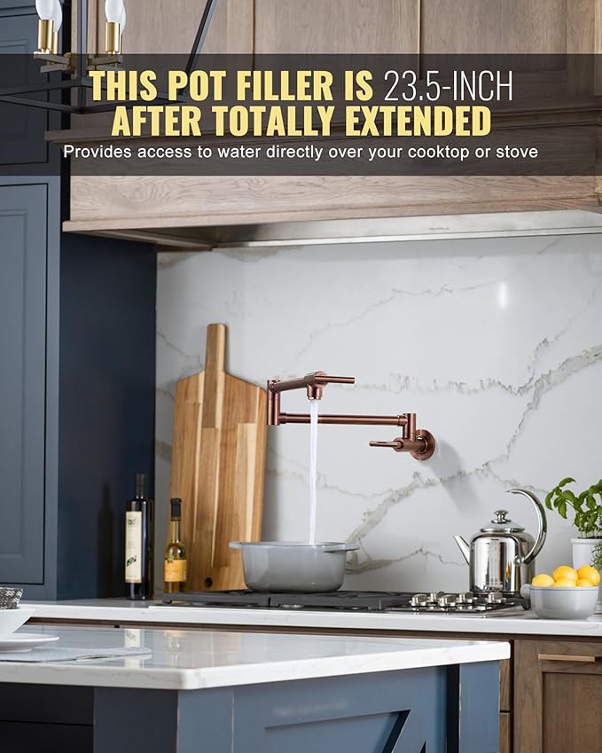Pot Filler Faucet Rose Gold - WOWOW Solid Brass Pot Filler Wall Mount Kitchen Folding Faucet Over Stove with Double Joint Swing Arms