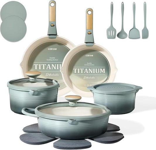 CAROTE 20Pcs Titanium Cookware Set, Pots and Pans Set Non Stick, Kitchen Cooking Set with Detachable Handle, Non Toxic Induction Cookware, Dishwasher/Oven Safe