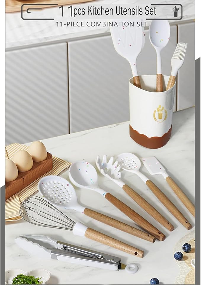 Color Dots Silicone Kitchen Cooking Utensils Set, 11pcs, Wooden Handle, Heat Resistant, Non-Stick Cookware Safe