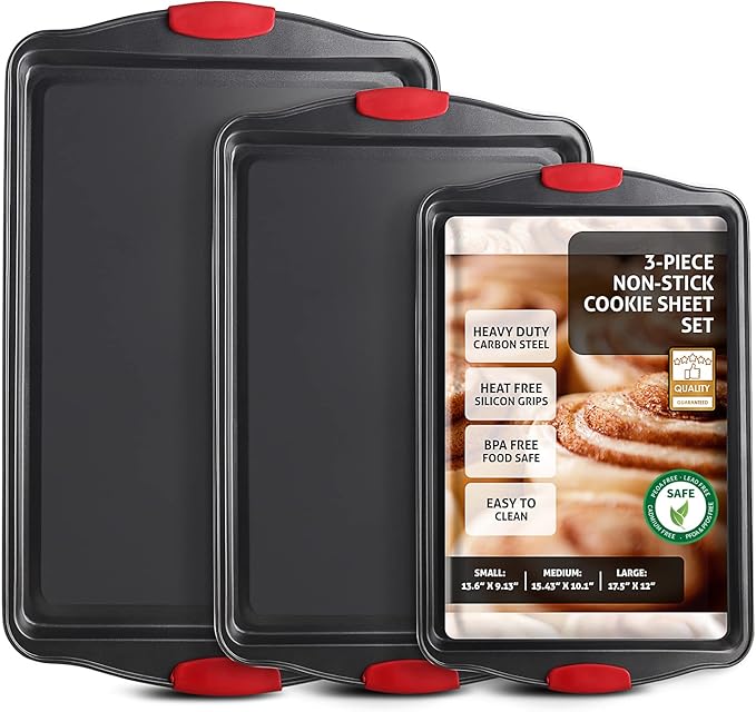 Baking Sheet Set, 3-Piece Cookie Sheet Set with Silicone Handles, Steel Baking Pan, Durable Baking Sheets for Oven, BPA Free Cookie Sheets for Baking Nonstick Set, Premium Sheet Pan, Black Baking Tray