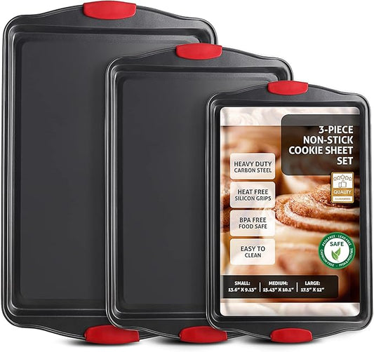 Baking Sheet Set, 3-Piece Cookie Sheet Set with Silicone Handles, Steel Baking Pan, Durable Baking Sheets for Oven, BPA Free Cookie Sheets for Baking Nonstick Set, Premium Sheet Pan, Black Baking Tray