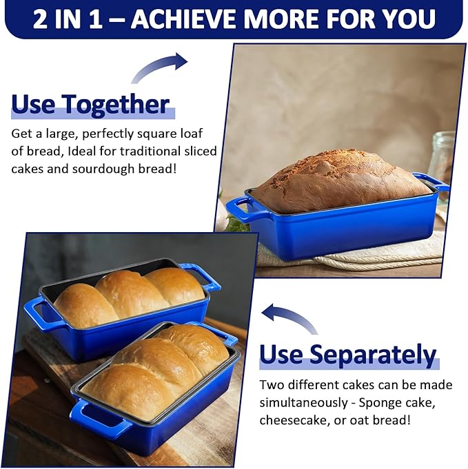 Leonyo 9 x 5 inch Cast Iron Loaf Pan Set of 2, 2-in-1 Enameled Sourdough Baking Pan with Lid, Homemade Bread Dutch Oven for Pound Cake, Lasagna, Up to 500℉ & Blue