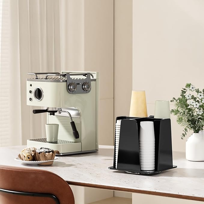 Coffee Cup Organizer for Countertop - Rotating Plastic Cup Holder 4 Compartments Black Acrylic Cup and Lid Holder for Coffee Bar Restaurant Breakroom Disposable Paper Coffee Cup Dispenser