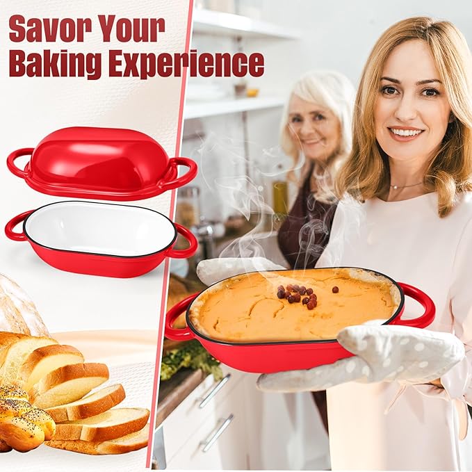 Maxdot 4qt Dutch Oven with Lid Enameled Cast Iron Sourdough Bread Pan for Baking Non Stick Single with Loop Handles for Family Homemade Breadbaking(Red)