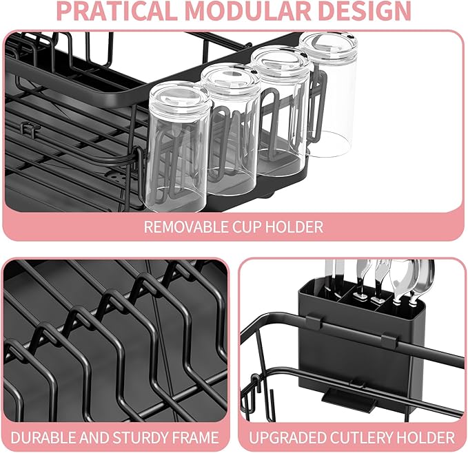Dish Drying Rack for Kitchen Counter, Kitchen Dish Rack Black, Large Sink Dish Drainer Dryer Rack Small Space, Kitchen Dishes Strainer Drying Rack with Drain Board Cup Holder Cutlery Holder