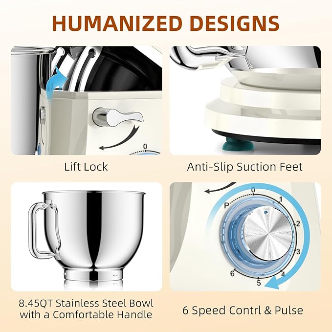Dough Mixer 8.45 QT Electric Mixer - 660W 6 Speed Large Capacity Kitchen Stand Mixer with Whisk Dough Hook Mixing Beater Household Food Mixer for Baking Cakes Cookie Bread Salad(White)