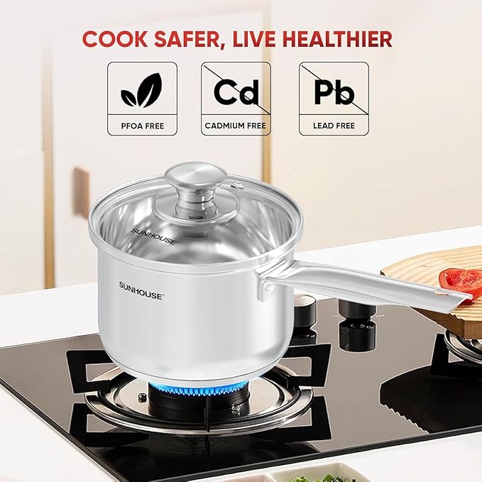 SUNHOUSE – 1.5 Quarts Stainless Steel Sauce Pan with Lid - PFOA-FREE, Stainless Steel Sauce Pan, Advanced Impact Bonding Induction Base, Stay-Cool Handle, Compatible with All Cooktops