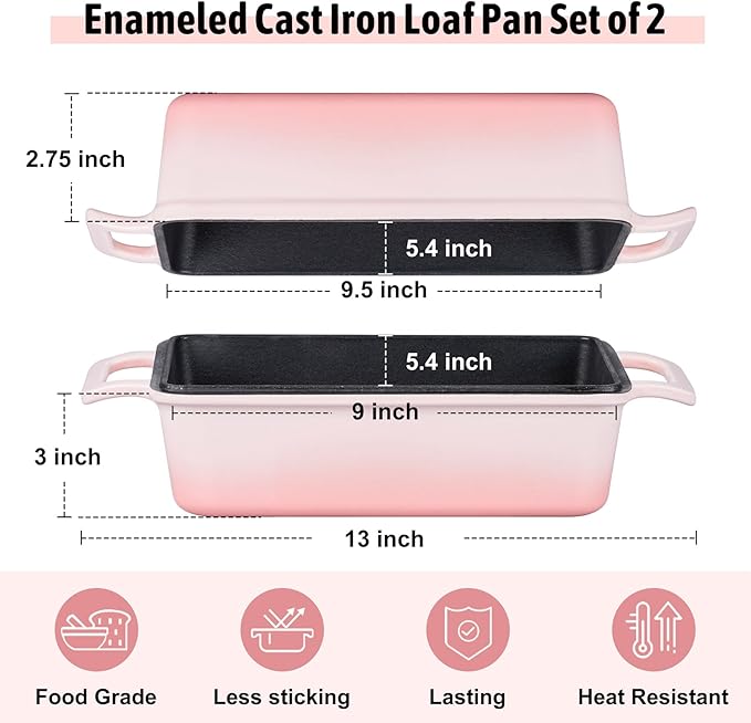 P&P CHEF 2-In-1 9 x 5 Inch Cast Iron Loaf Pan with Lid (Pink), Bread Loaf Pans for Baking Homemade Sourdough Bread, Meatloaf, Toast, Cake, Nonstick & Healthy & Sturdy, 2 Piece Set