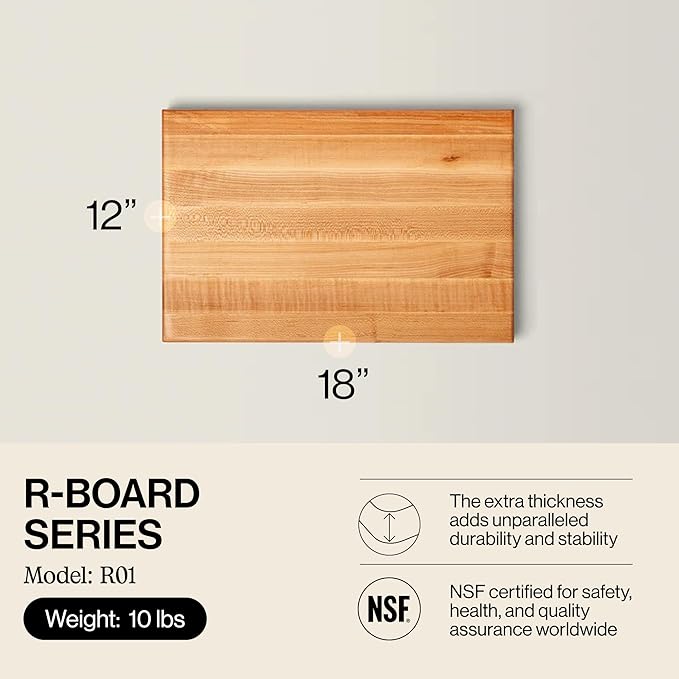 John Boos R-Board Series Rectangular Wooden Maple Cutting Board 18”x12” – 1.5” Thick, 10-lb Reversible Butcher Block with Edge-Grain & Finger Grips – Made in the USA