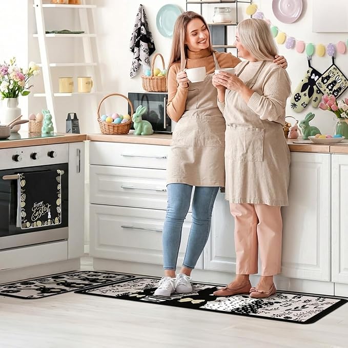 10 Pcs Easter Kitchen Decor Set Easter Kitchen Towels Oven Mitts and Pot Holder Spring Bunny Eggs Flowers Rugs and Mats Black Rabbit Gloves Potholders for Farmhouse Rustic Baking Cooking BBQ