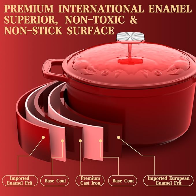 Enameled Cast Iron Dutch Oven - 5 Quart, Exclusive Designed Crab Lid, Oversized Knob, for Bread Baking Braiser Cooking - Red