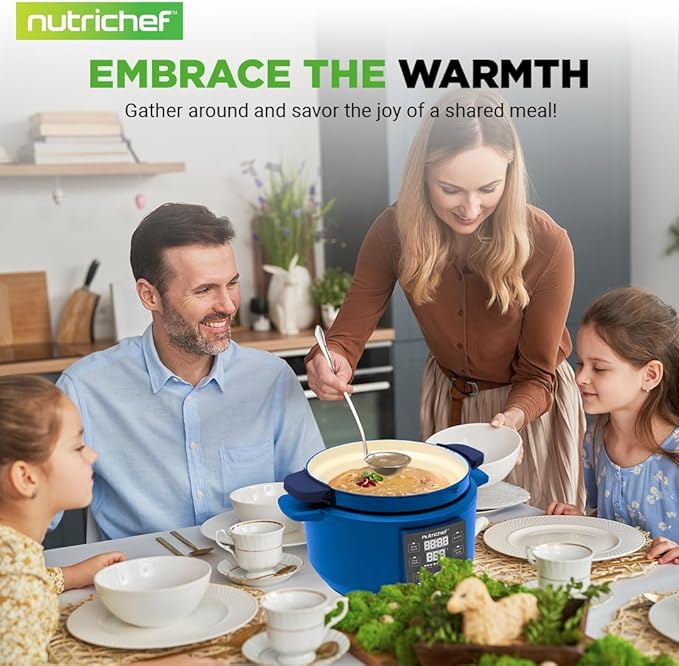 Nutrichef 6 Quart Electric Dutch Oven | 1500W 5-in-1 Enamel Coated Cast Iron Pot with Stainless Steel Lid | Precise Temperature Control | Includes 2 Silicone Pot Holders & Heat Resistant Pad | Blue