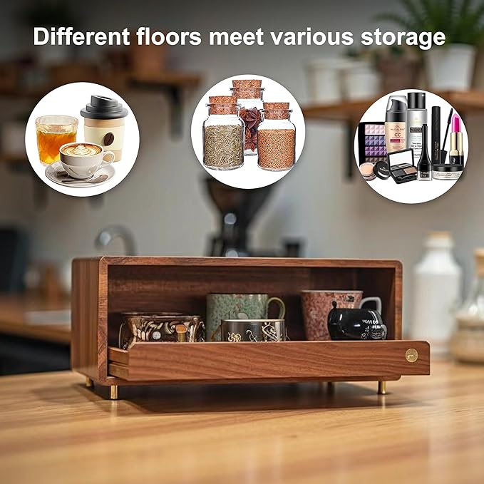 Coffee Station Organizer Wood Coffee Bar Organizer with Drawer Countertop Wooden Mug Holder for Kitchen CoffeeMaker Stand