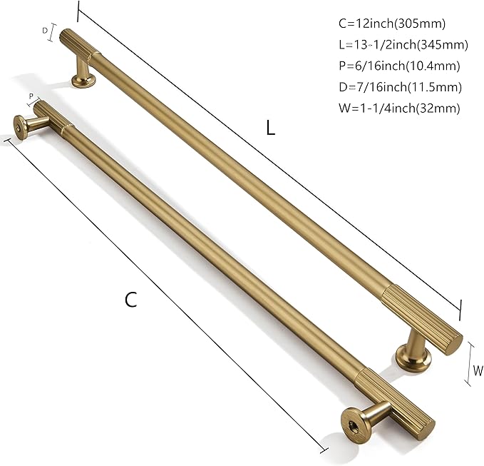 khtumeware 12 Inch Hole Center 2 Pack Brushed Brass Heavy Duty Solid Warm Brass Cabinet Pulls, Kitchen Drawer Handles, for Dresser cabinets, cabinets