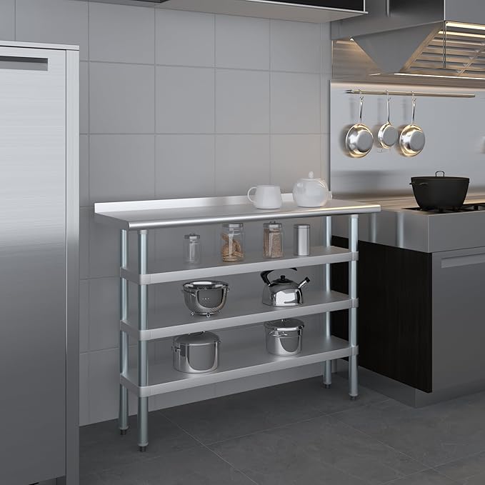 AmGood Stainless Steel Work Table with 1.5" Backsplash and 3 Shelves | Metal Kitchen Food Prep Table | NSF (48" Long x 14" Deep)