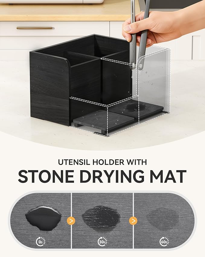 Yofidra Kitchen Utensil Holder with Stone Drying Mats, 4 Compartments Corner Utensil Holder for Kitchen Countertop, Extra Large Silverware Organizer (Black)