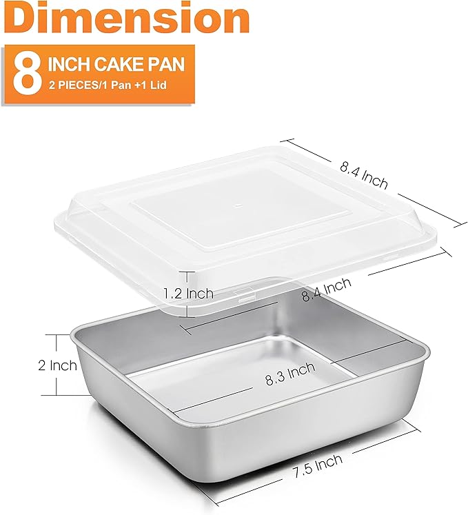 Herogo 8”x 8” Baking Pan, Stainless Steel Square Cakes Brownie Lasagna Bakeware with Lid, 1 Pan + 1 Lid, Healthy & Dishwasher Safe