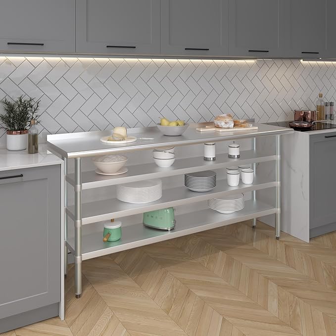 AmGood Stainless Steel Work Table with 1.5" Backsplash and 3 Shelves | Metal Kitchen Food Prep Table | NSF (72" Long x 18" Deep)