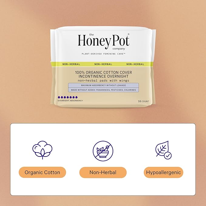 The Honey Pot Company ?€? Incontinence Pads for Women - Non-Herbal Overnight - Bladder Leak Control - Organic Cotton Cover & Ultra-Absorbent Pulp Core - Feminine Care - 16 ct