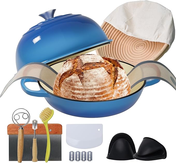 Cast Iron Bread Oven for Baking, 6QT Multi-Functional Dutch Oven Pot with Lid, Include Proofing Basket, Silicone Sling & Dough Whisk, Round Bread Pot for Sourdough Bread Baking, Cooking, Frying