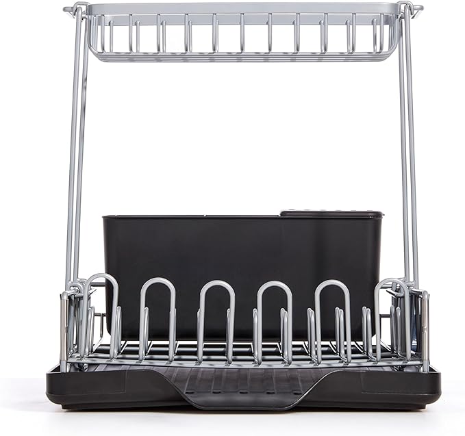 Sabatier Dish Drying Rack with Second Tier, Rust Resistant Wires and Angled Drain Board, Utensil Caddy Compact Dish Drying Rack