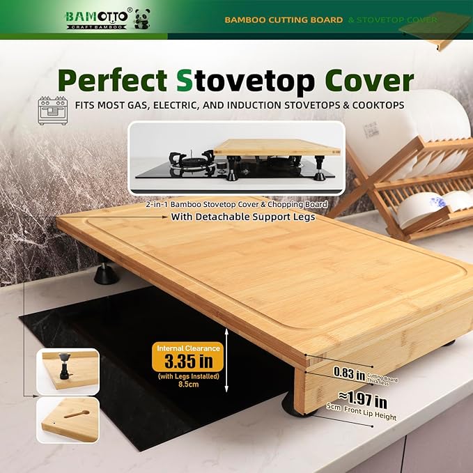 16 x 22 Inch Bamboo Cutting Board, Over-the-Sink Board and Stovetop Cover with Detachable Support Legs & Front Lip, for RV Camper and Home Kitchen