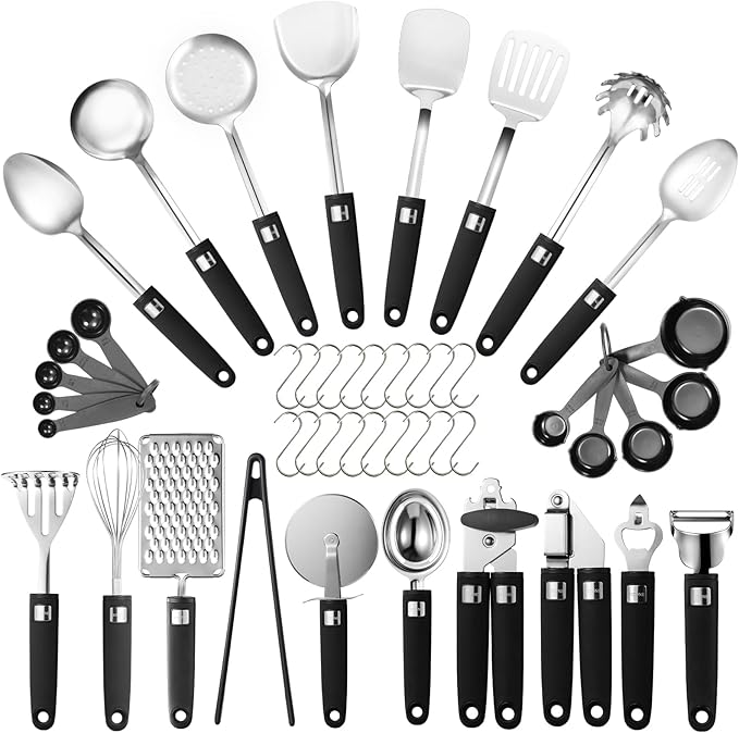 46Pcs Cooking Utensils Set - 18/10 Stainless Steel Kitchen Utensils Set, Complete Tools with Metal Kitchen Gadgets, Dishwasher Safe Spatula Set for Beginner Cooks, Apartment Dwellers, Homemakers