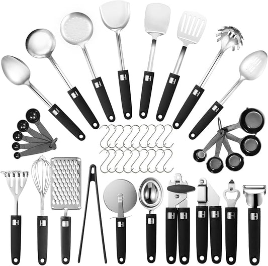46Pcs Cooking Utensils Set - 18/10 Stainless Steel Kitchen Utensils Set, Complete Tools with Metal Kitchen Gadgets, Dishwasher Safe Spatula Set for Beginner Cooks, Apartment Dwellers, Homemakers