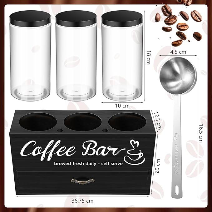 3 Pcs Coffee Canister Set with Shelf and Spoon Plastic Coffee Bean Storage Container with Lids Coffee Storage Box with Drawer Food Storage Jars for Coffee Bar Kitchen (Black)