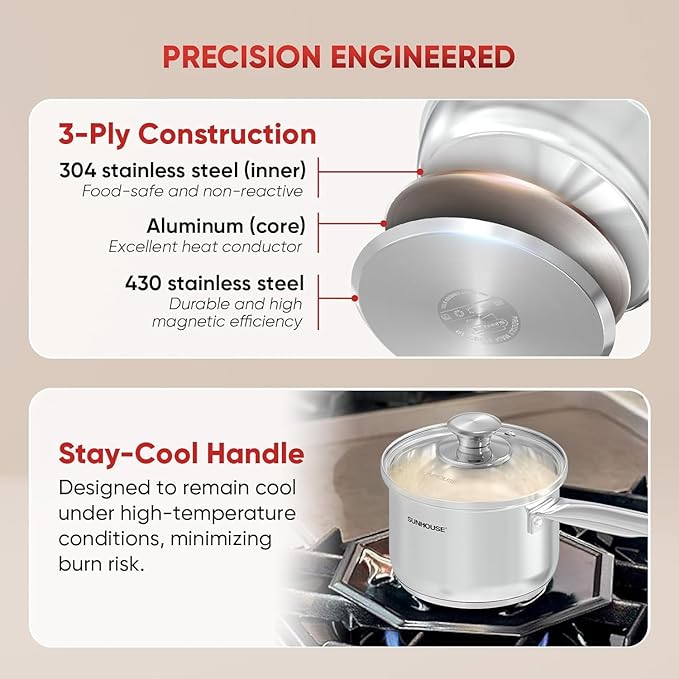 SUNHOUSE – 3 Quarts Stainless Steel Sauce Pan with Lid - PFOA-FREE, Stainless Steel Sauce Pan, Advanced Impact Bonding Induction Base, Stay-Cool Handle, Compatible with All Cooktops
