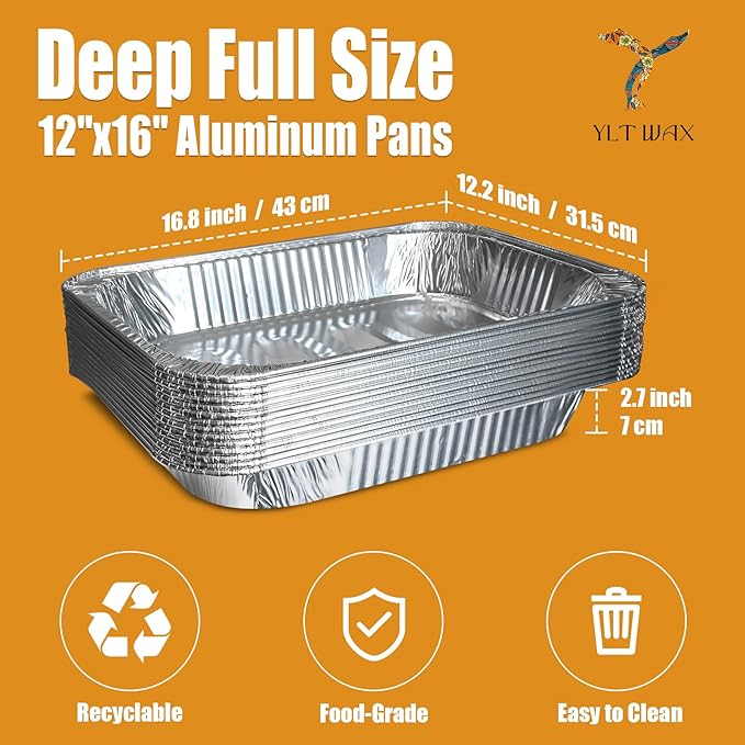 YLT WAX 12x16 Aluminum Foil Pans, 30 Pack Disposable Full Size Large Baking Pan for Roasting, Restaurants, Cooking, Heating, Buffets